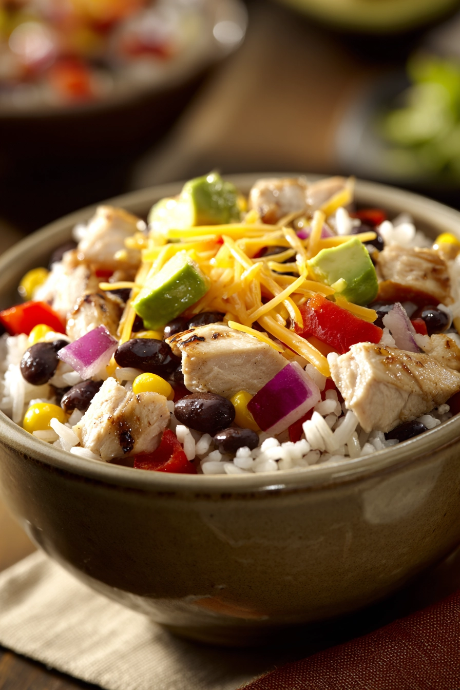 Close-up of a Chicken and Rice Burrito Bowl with fresh ingredients and vibrant colors.