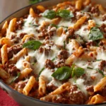 Close-up of a cottage cheese lasagna skillet with melted cheese and pasta in a bright setting.