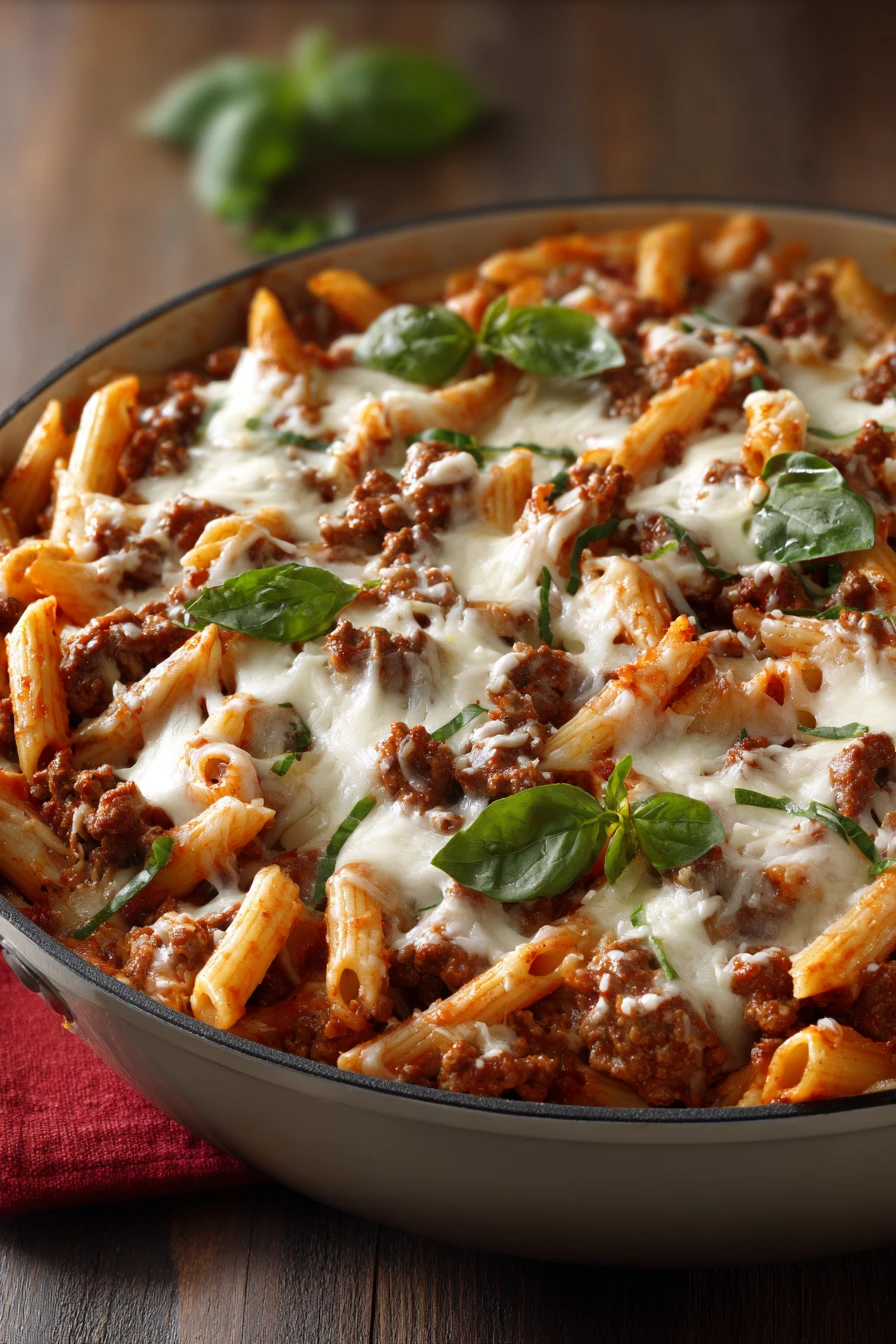 Close-up of a cottage cheese lasagna skillet with melted cheese and pasta in a bright setting.