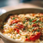 Close-up of a cottage cheese lasagna skillet with melted cheese and pasta layers