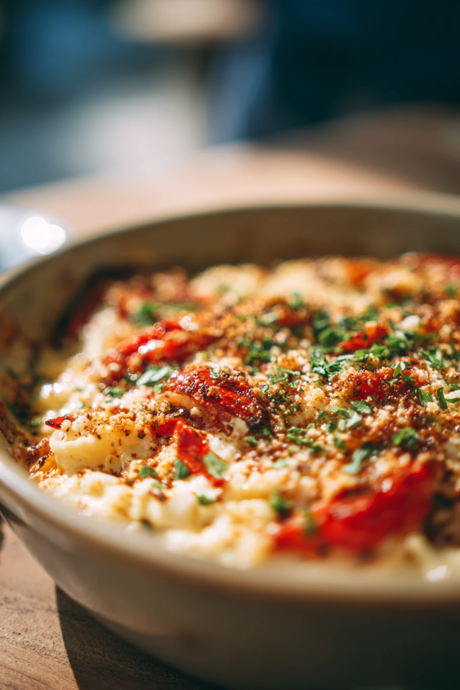 Close-up of a cottage cheese lasagna skillet with melted cheese and pasta layers