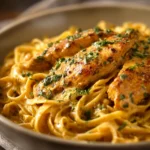 Close-up of Cowboy Butter Chicken Linguine with creamy sauce and herbs