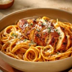 Close-up of Cowboy Butter Chicken Linguine with creamy sauce and herbs