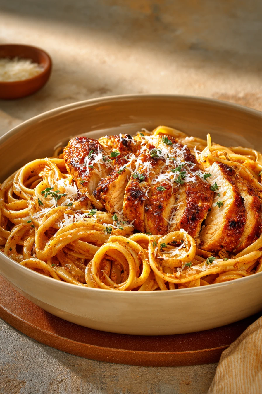 Close-up of Cowboy Butter Chicken Linguine with creamy sauce and herbs