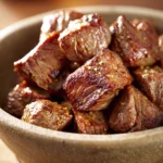 Close-up of Cowboy Butter Steak Bites with creamy sauce on a clean plate.