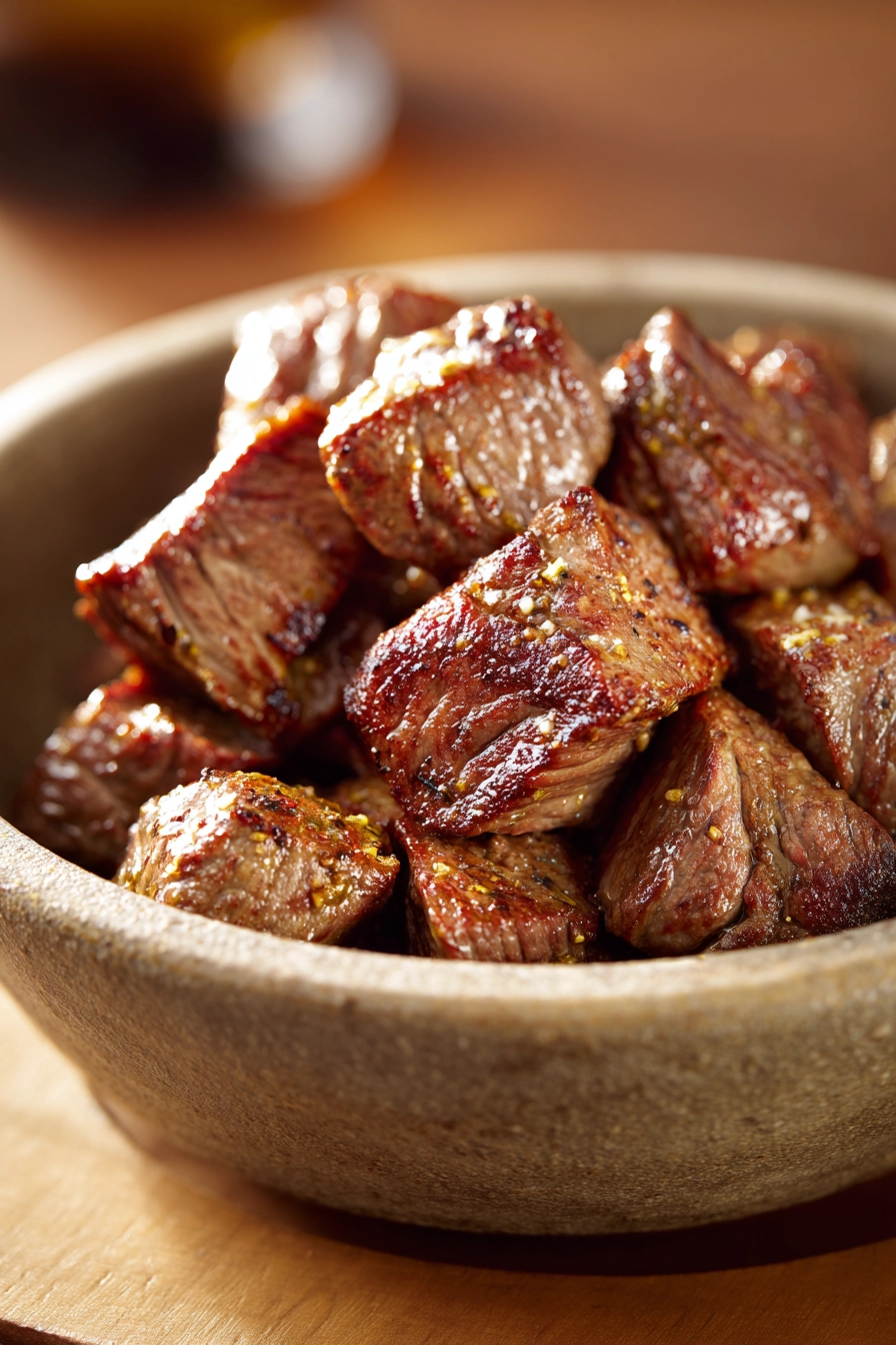 Close-up of Cowboy Butter Steak Bites with creamy sauce on a clean plate.