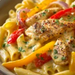 Close-up of creamy Cajun chicken pasta with a rich sauce and tender chicken pieces.
