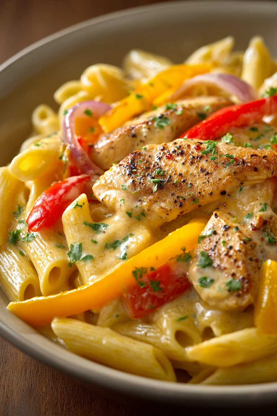 Close-up of creamy Cajun chicken pasta with a rich sauce and tender chicken pieces.