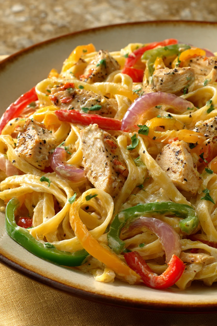 Close-up of creamy Cajun chicken pasta with visible sauce and chicken pieces.