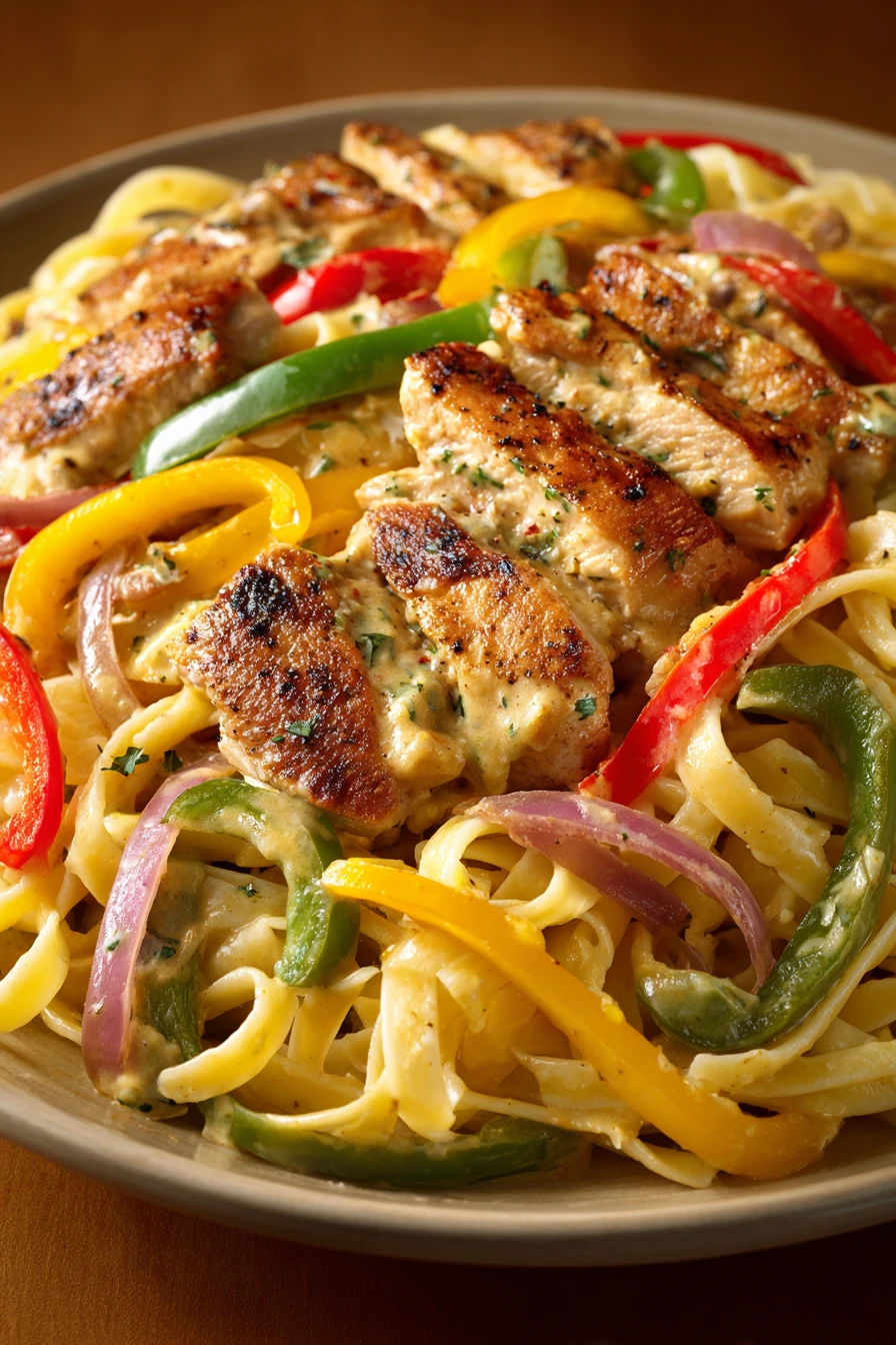 Close-up of creamy Cajun chicken pasta with a rich sauce and tender chicken pieces.