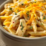 Close-up of creamy chicken enchilada pasta with a rich sauce and garnished with herbs.