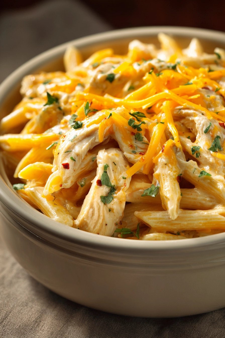 Close-up of creamy chicken enchilada pasta with a rich sauce and garnished with herbs.