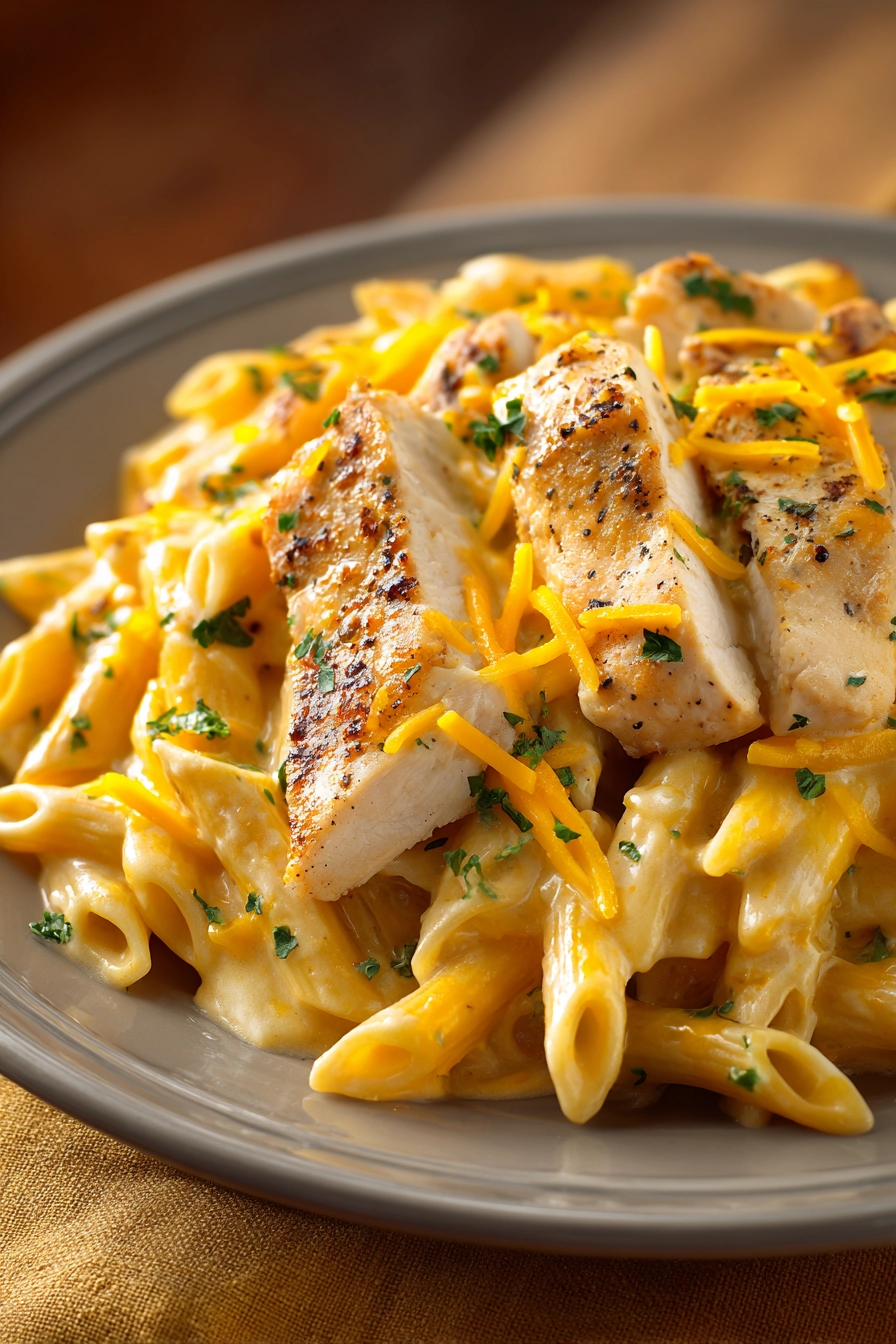 Close-up of creamy chicken enchilada pasta with a rich sauce and garnished with herbs.