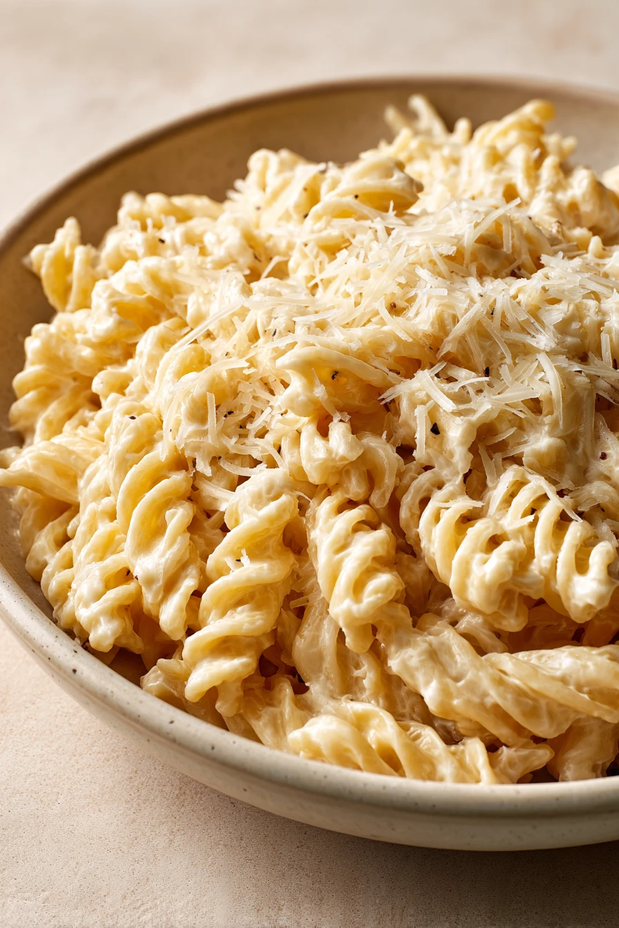 Close-up of creamy cottage cheese pasta with a rich sauce and garnished with herbs.