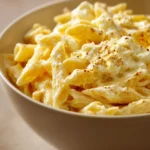 Close-up of creamy cottage cheese pasta with a sprinkle of herbs on a white plate.