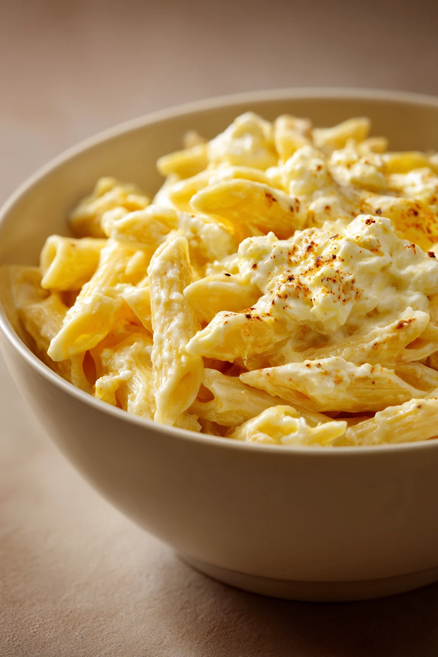 Close-up of creamy cottage cheese pasta with a sprinkle of herbs on a white plate.