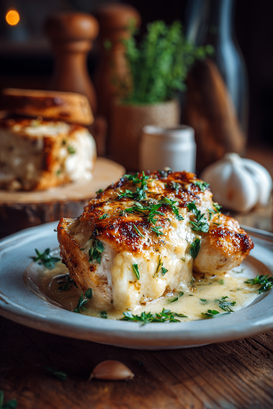 Close-up of creamy garlic parmesan chicken with golden crust on rustic wooden surface, warm natural light enhancing creamy texture