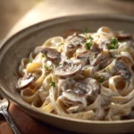 Close-up of creamy mushroom pasta with a sprinkle of herbs on a white plate