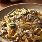 Close-up of creamy mushroom pasta with a sprinkle of herbs on a white plate.
