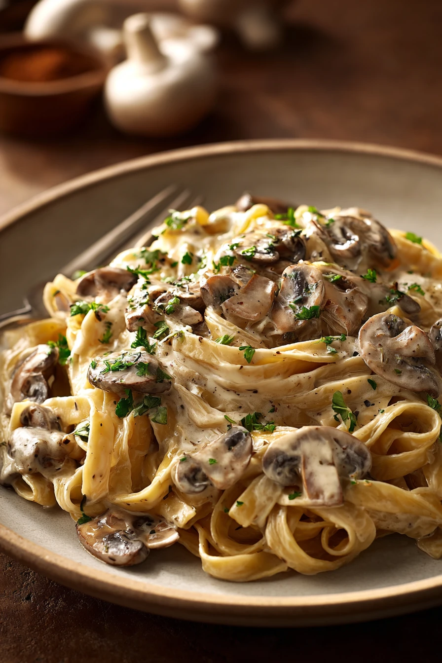 Close-up of creamy mushroom pasta with a sprinkle of herbs on a white plate.