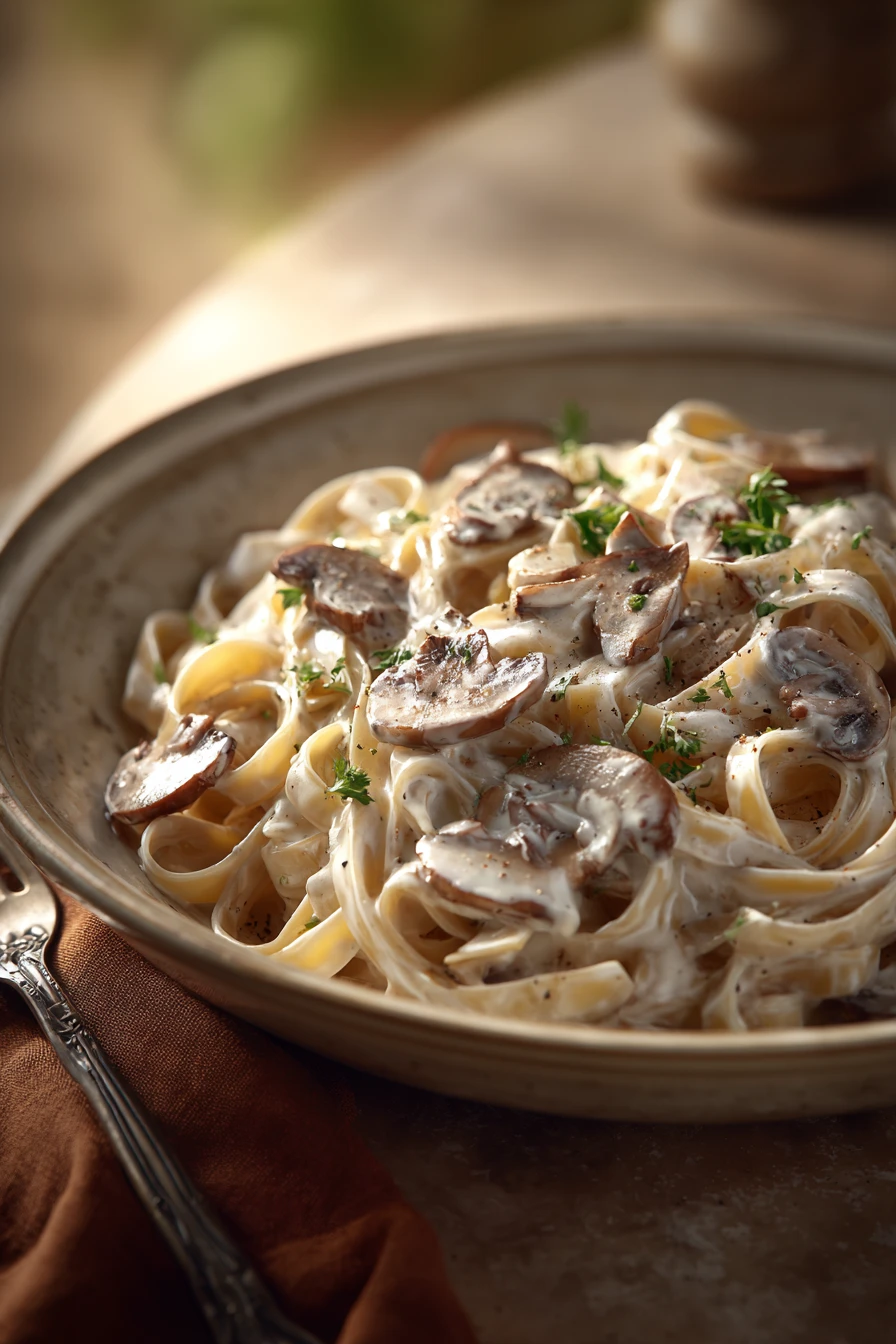 Close-up of creamy mushroom pasta with a sprinkle of herbs on a white plate