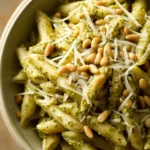 Close-up of creamy pesto pasta with a bright and appetizing presentation.