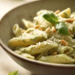 Close-up of creamy pesto pasta with fresh herbs and a clean background