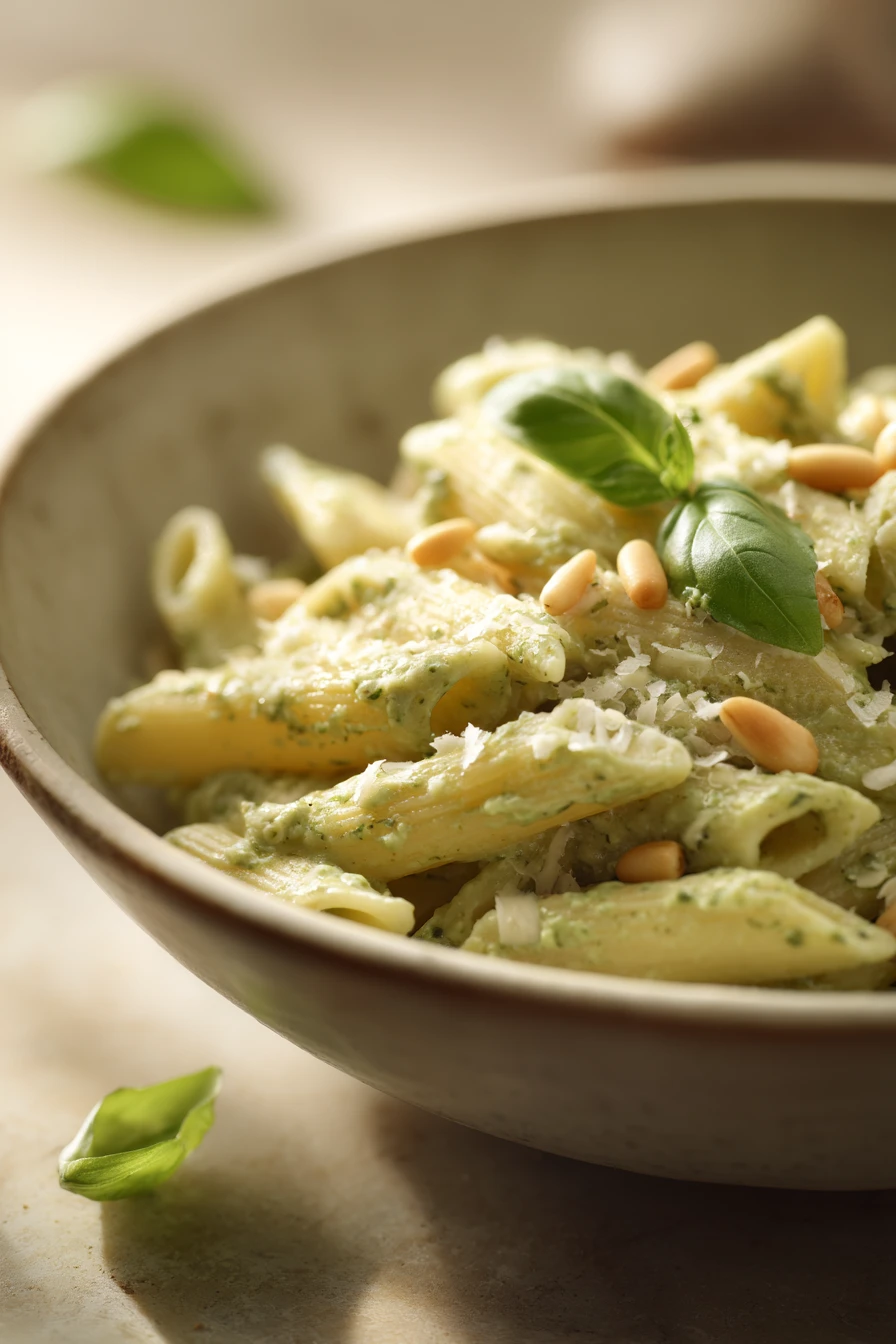 Close-up of creamy pesto pasta with fresh herbs and a clean background