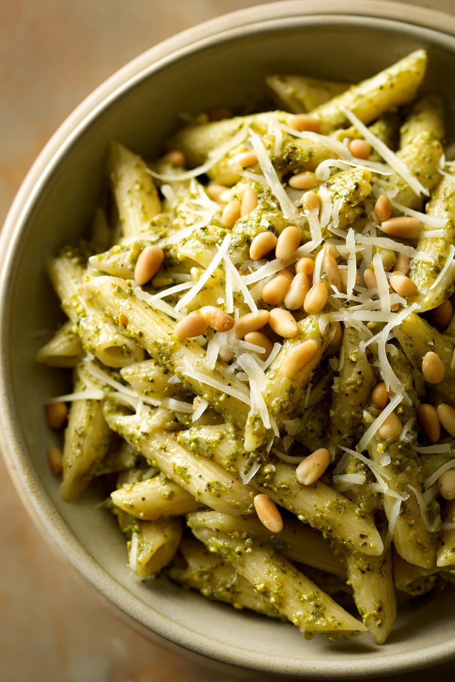 Close-up of creamy pesto pasta with a bright and appetizing presentation.