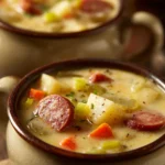 Close-up of creamy potato and sausage chowder soup with herbs in a white bowl.
