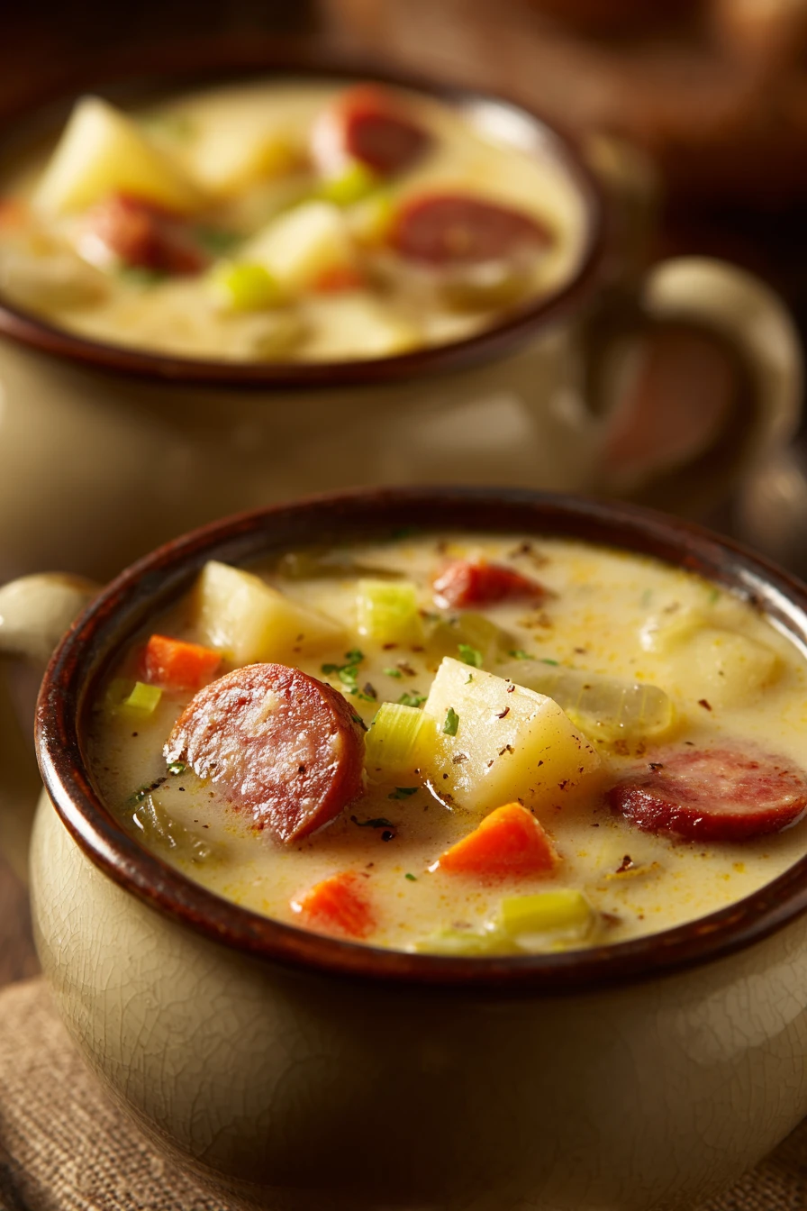 Close-up of creamy potato and sausage chowder soup with herbs in a white bowl.