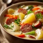 Close-up of creamy potato and sausage chowder soup with visible chunks and herbs