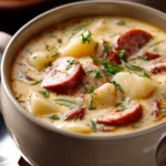 Close-up of creamy potato and sausage chowder soup with visible chunks of potatoes and sausage.