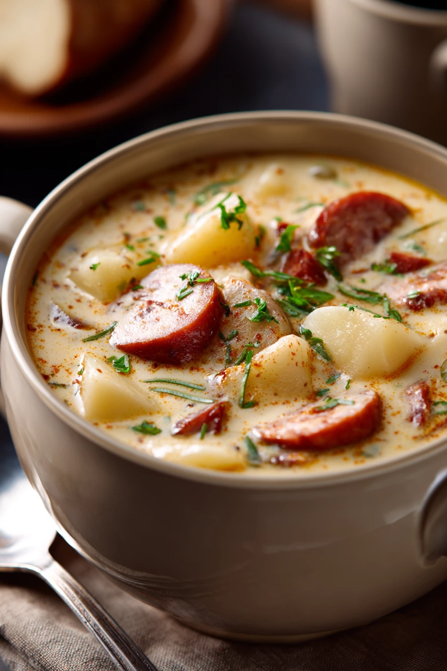 Close-up of creamy potato and sausage chowder soup with visible chunks of potatoes and sausage.