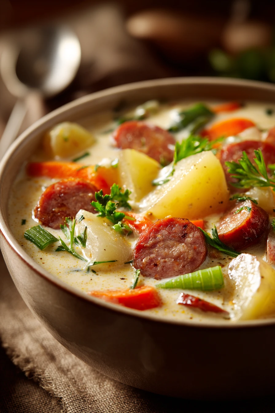 Close-up of creamy potato and sausage chowder soup with visible chunks and herbs
