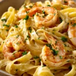 Close-up of creamy shrimp pasta with a rich sauce and garnished with herbs.