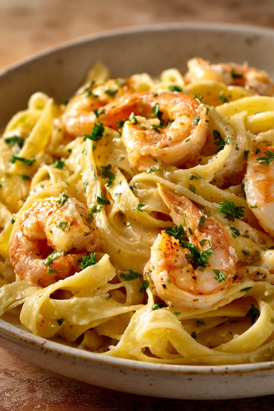 Close-up of creamy shrimp pasta with a rich sauce and garnished with herbs.