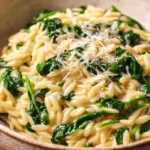 Close-up of creamy spinach orzo with parmesan, garnished with fresh herbs.