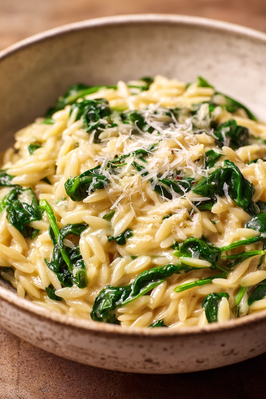 Close-up of creamy spinach orzo with parmesan, garnished with fresh herbs.