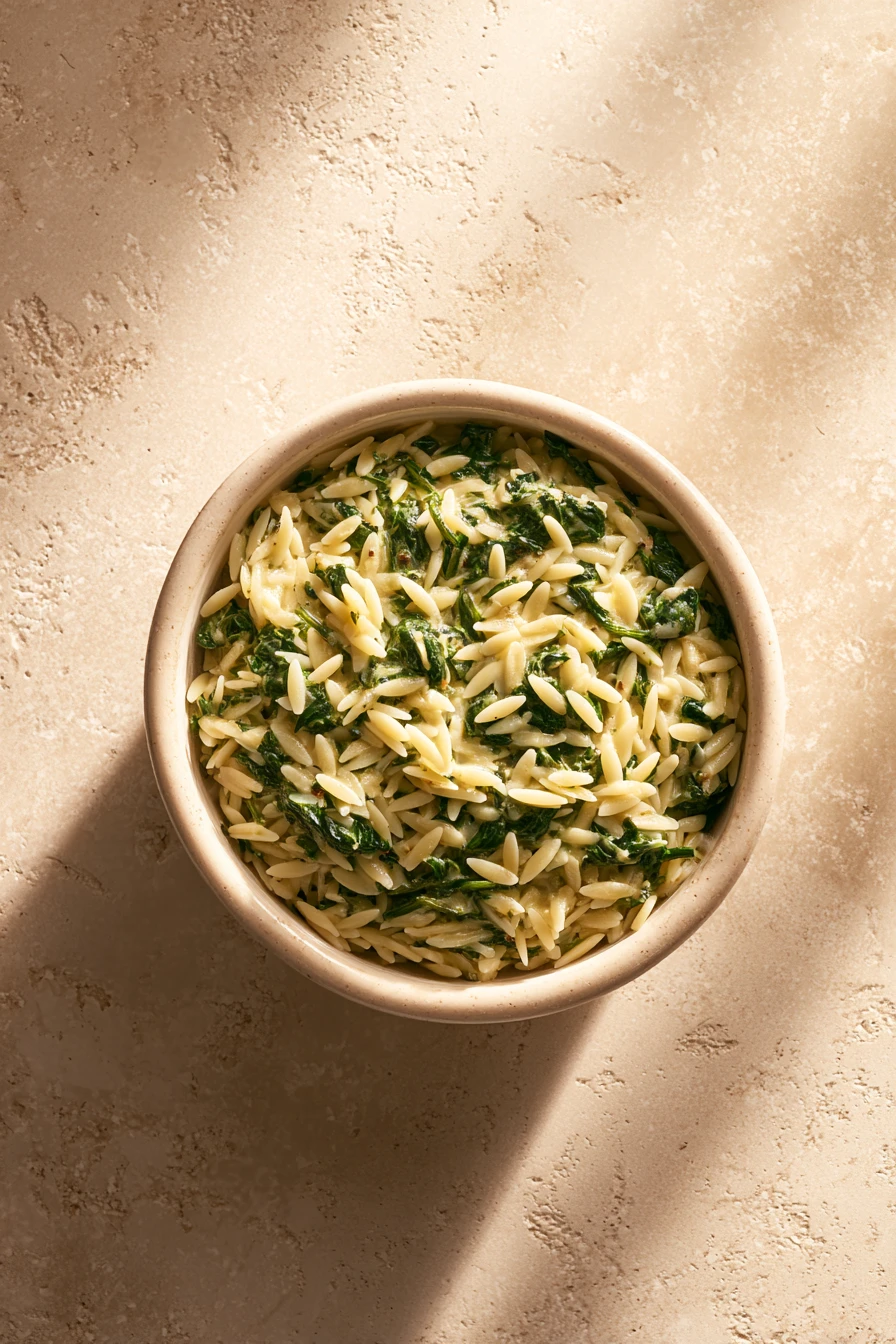 Close-up of creamy spinach orzo with parmesan in a bright setting