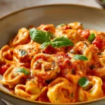 Close-up of creamy tomato basil tortellini with fresh basil leaves