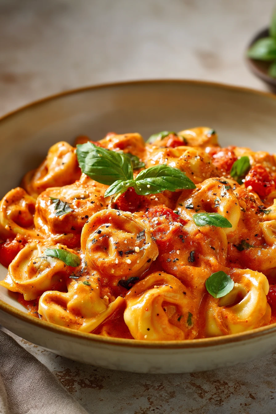 Close-up of creamy tomato basil tortellini with fresh basil leaves
