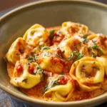 Close-up of creamy tomato basil tortellini with fresh basil leaves