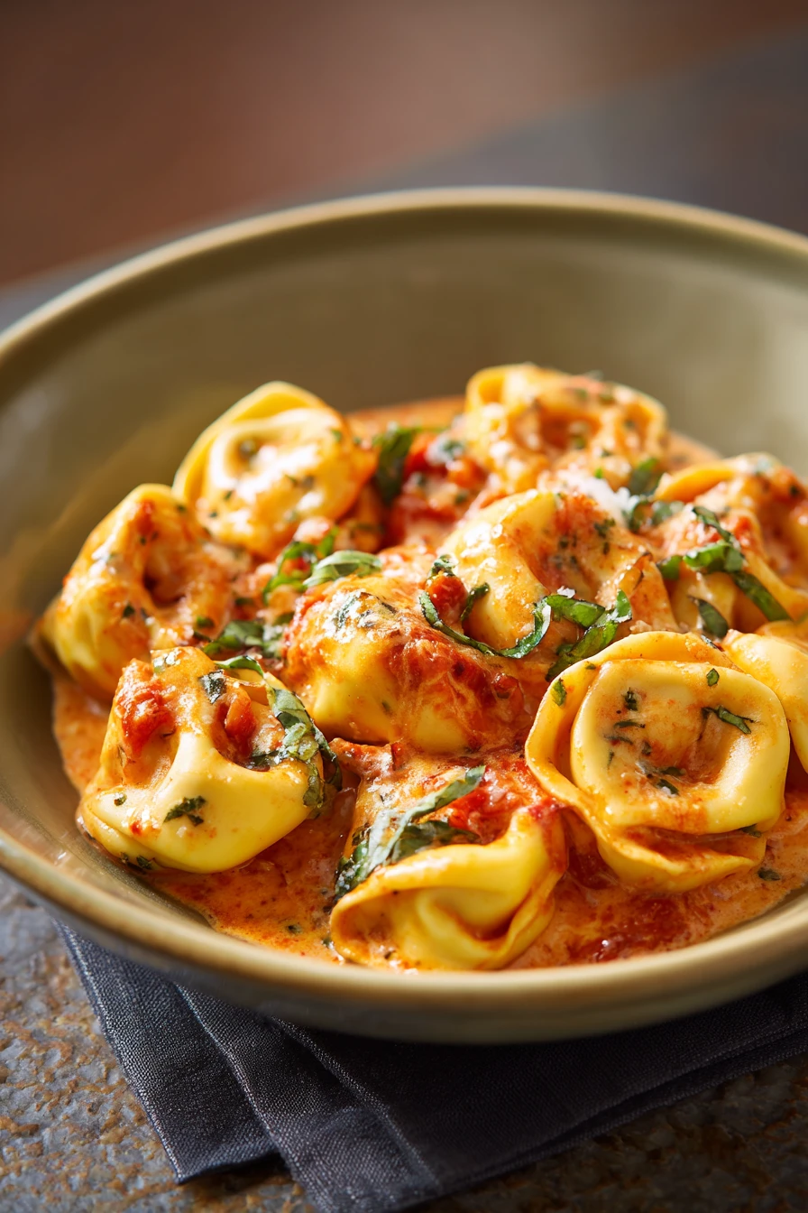 Close-up of creamy tomato basil tortellini with fresh basil leaves