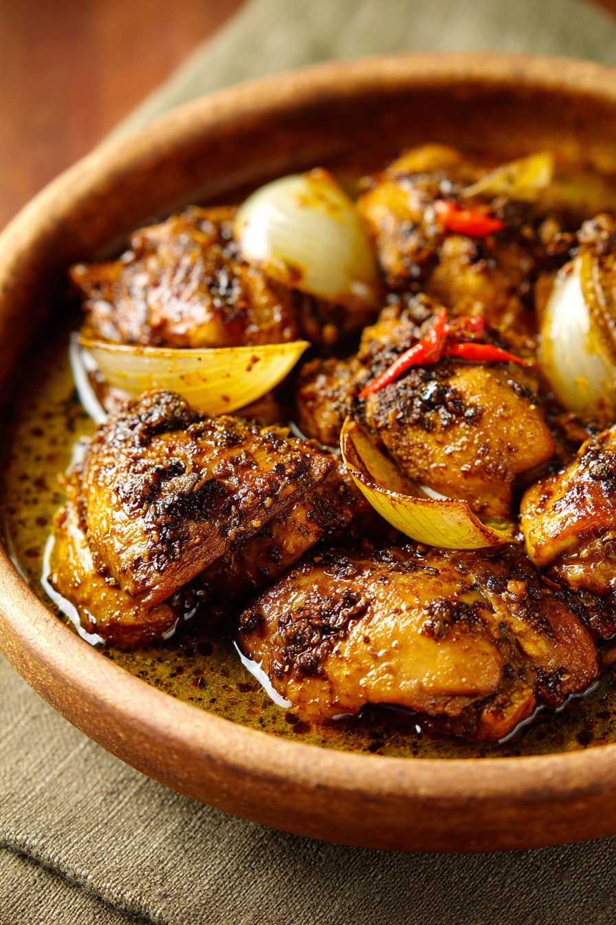 Close-up of Black Pepper Chicken with creamy sauce and pepper garnish