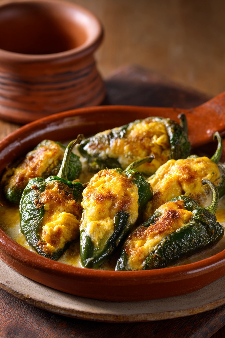 Close-up of Chicken Chiles Rellenos with melted cheese and a clean background.
