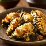 Close-up of Chicken Chiles Rellenos with creamy sauce and herbs
