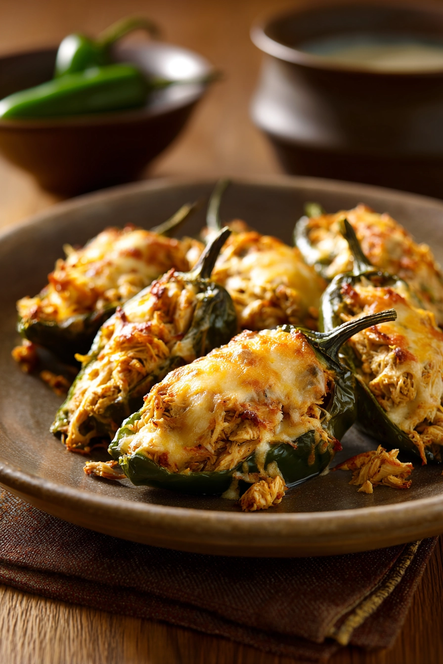 Close-up of Chicken Chiles Rellenos with creamy sauce and herbs