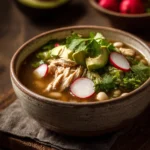 Close-up of Chicken Pozole with vibrant toppings and a clear broth in a white bowl.