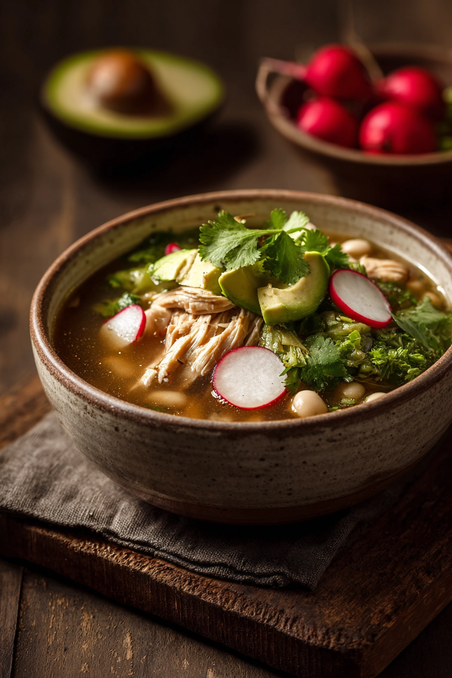 Close-up of Chicken Pozole with vibrant toppings and a clear broth in a white bowl.
